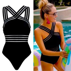 Black Striped One Piece Bikini Women's Bandage Push Up Monokini